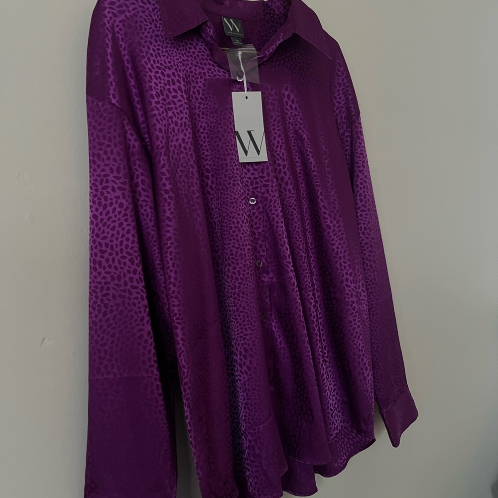 Women's RETRO Purple Leopard Print satin cocktail Button Down Shirt XXL NWT - Picture 6 of 6